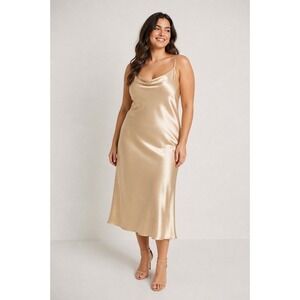 bebe Satin Slip Midi Dress‎ Women Large Champagne Cowl Neck Spaghetti Strap